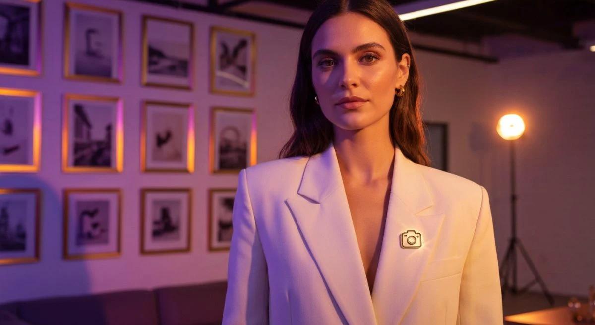 Mujer elegante con blazer crema y pin dorado de Instagram