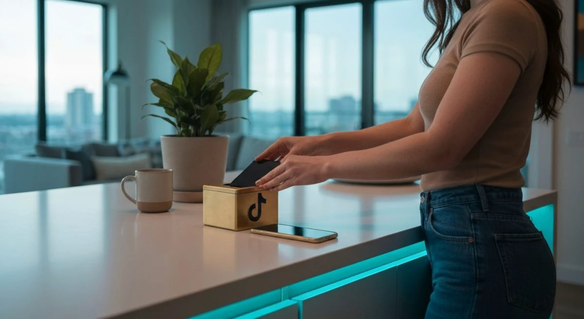 Mujer en cocina coloca teléfono en caja de latón TikTok