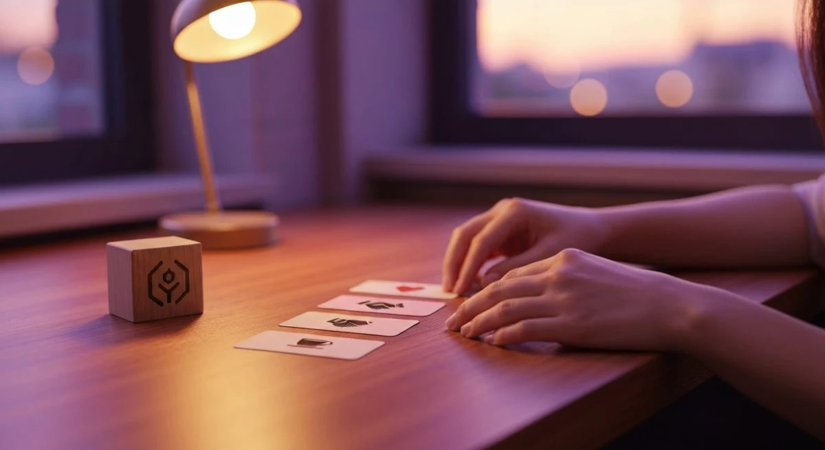 Mujer organiza tarjetas codificadas con iconos corazones manos café Instagram