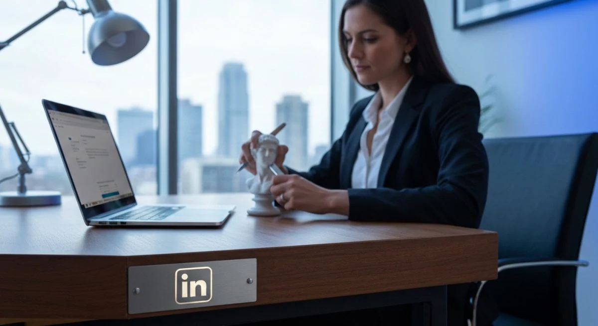 Mujer profesional esculpe busto de mármol con logo LinkedIn