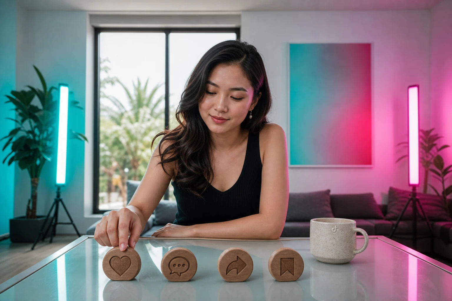 Mujer toca token corazón y iconos chat compartir marcador TikTok