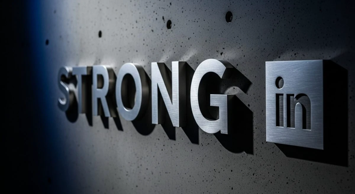 Muro de hormigón oscuro con palabra STRONG en metálico tridimensional destacado y logo de LinkedIn