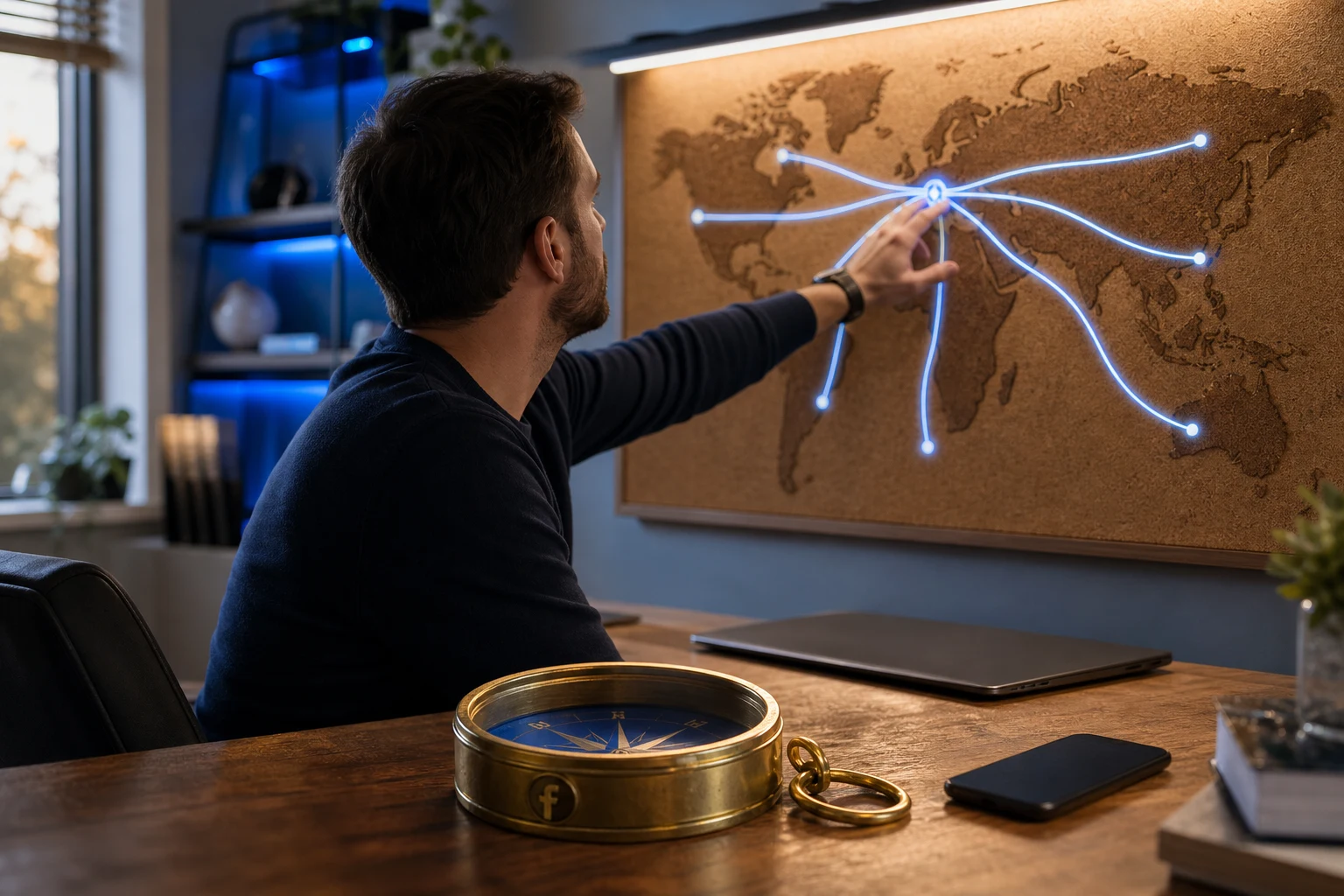 Oficina moderna con brújula de Facebook y mapa en corcho