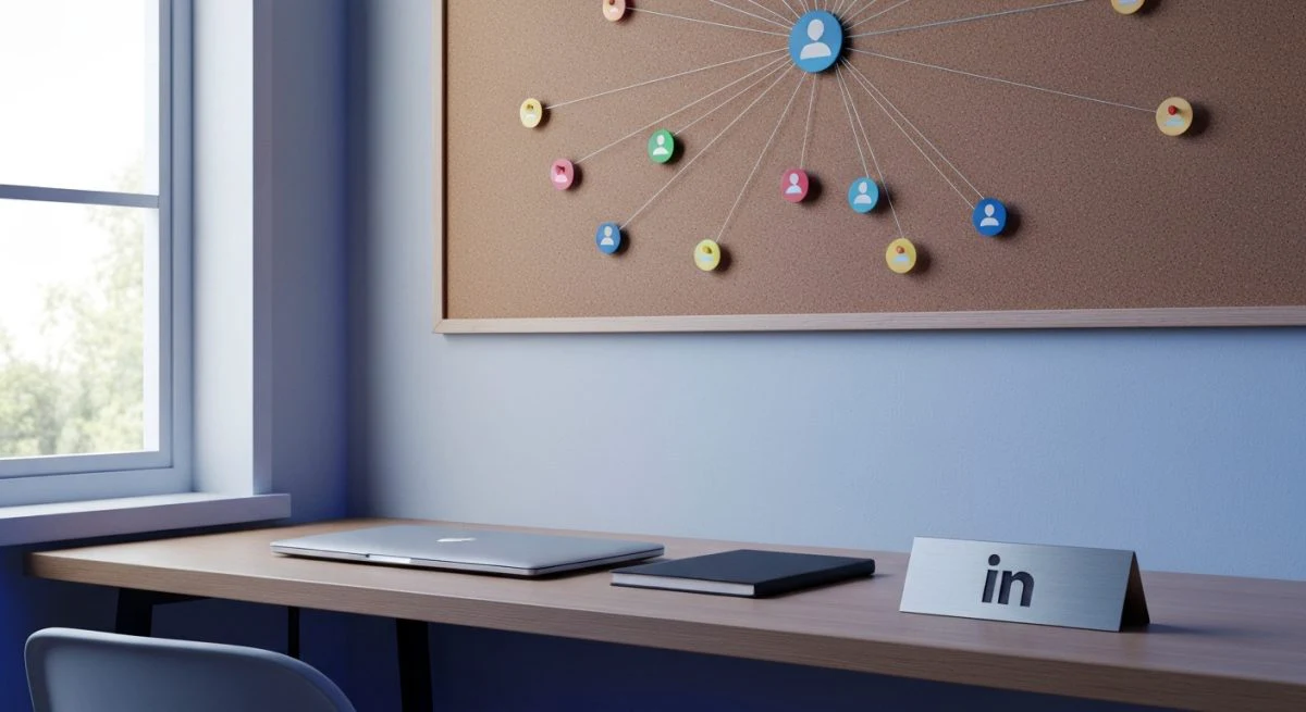 Oficina moderna con mapa de corcho LinkedIn placa y laptop