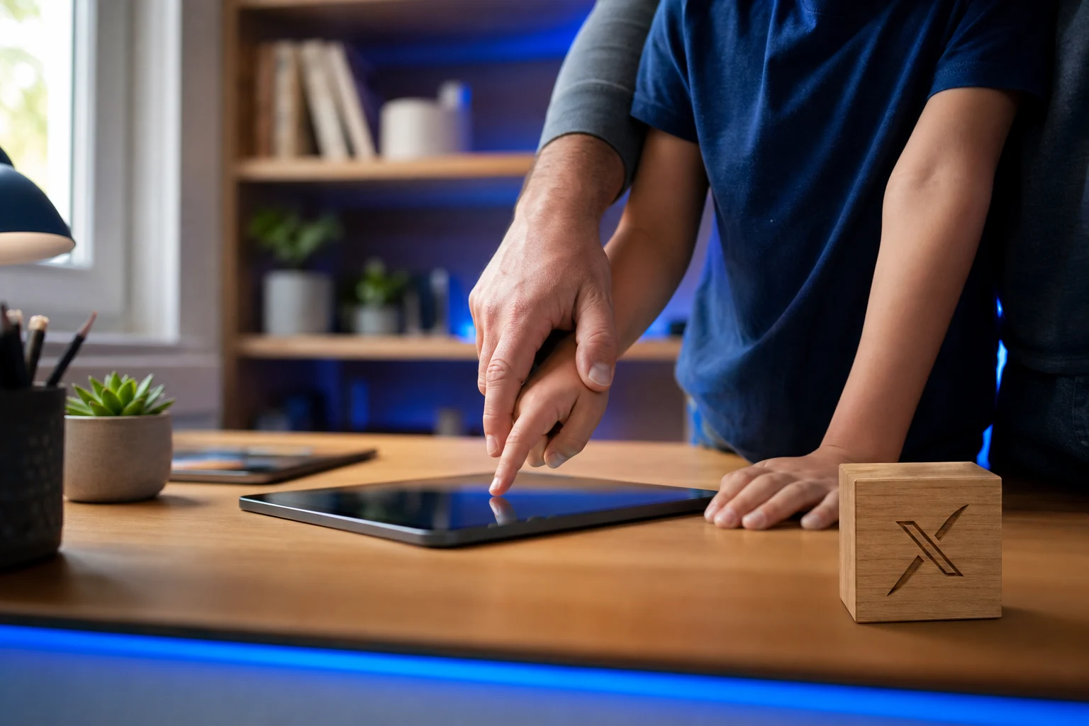 Padre guía mano del niño sobre tableta junto logotipo X