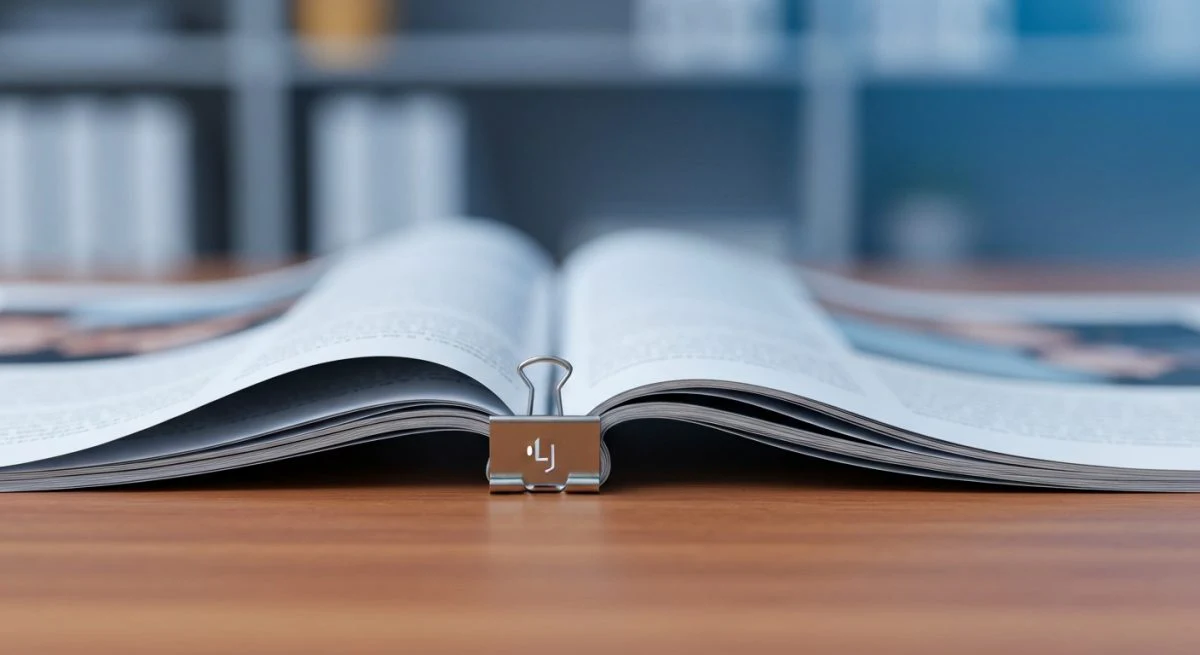 Páginas de revista fusionadas sobre escritorio de madera con clip