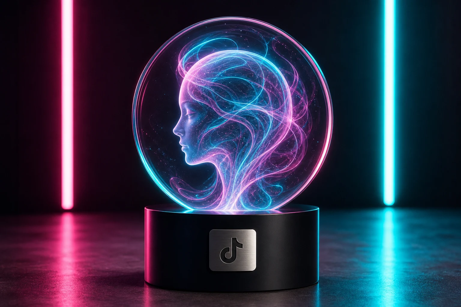 Panel de vidrio circular con avatar IA iluminado y TikTok