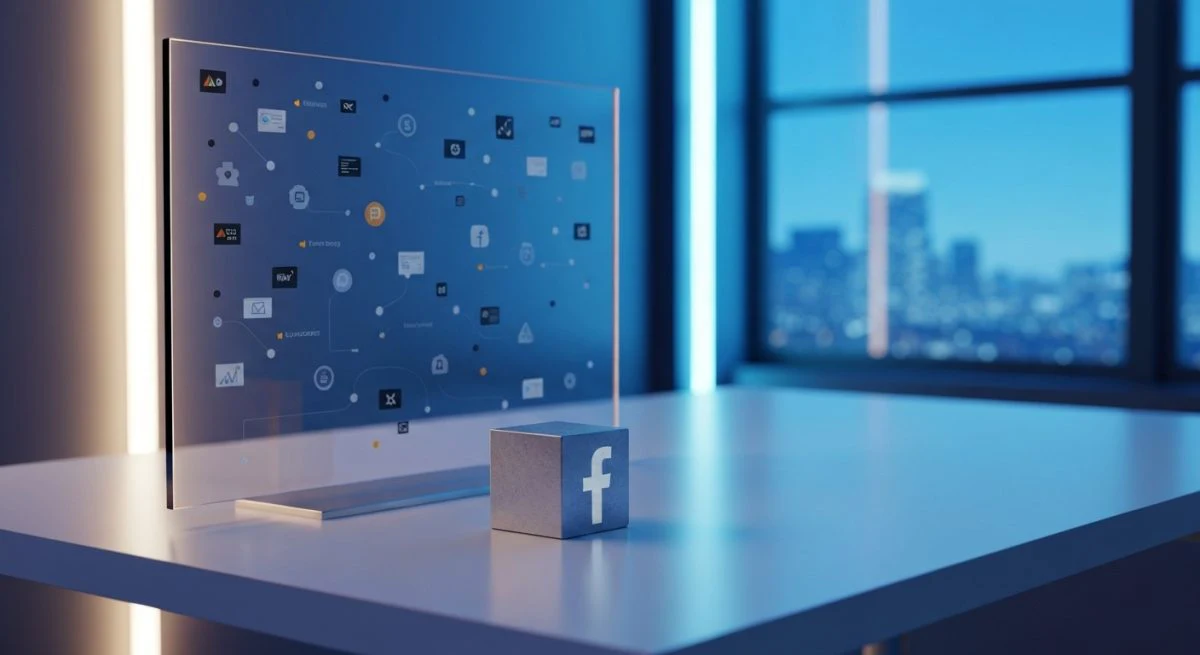 Panel de vidrio con datos y cubo metálico logo Facebook