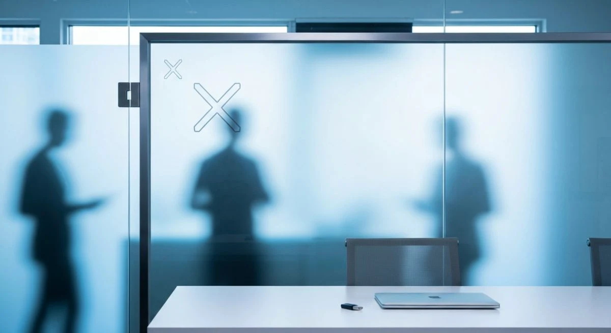 Panel de vidrio esmerilado en oficina minimalista con logo X