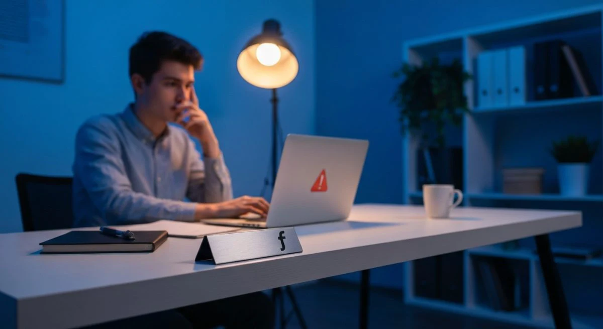 Persona ansiosa frente a laptop con alerta y logo f
