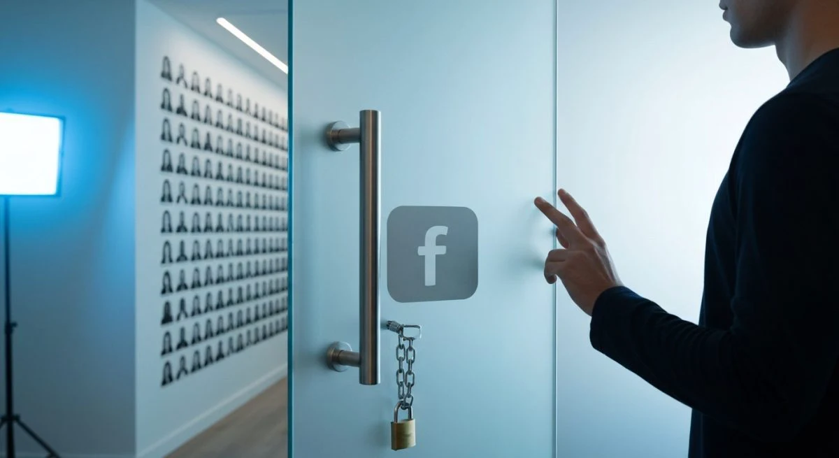 Persona ante puerta vidrio esmerilado logo f bloquea solicitud amistad