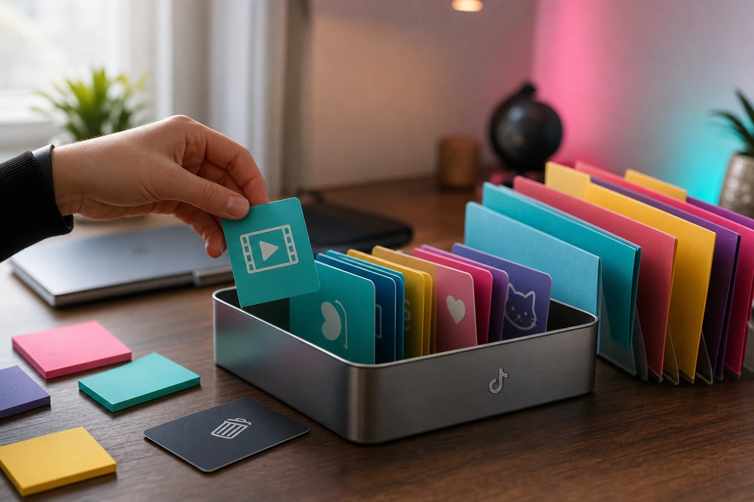 Persona clasificando tarjetas de video coloridas en bandeja TikTok reciclable del escritorio