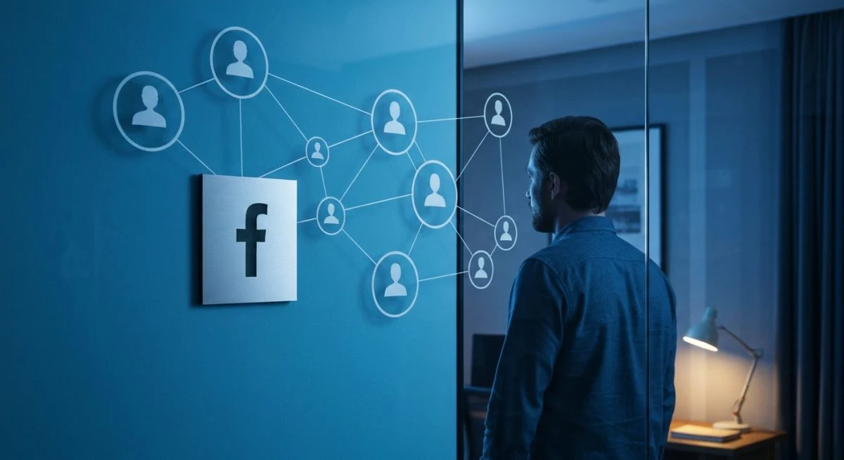 Persona consciente privacidad frente a pared cristal logo Facebook sutil