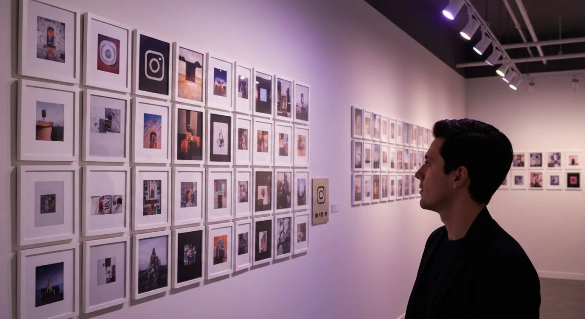 Persona creativa curadora junto al muro con cuadrículas estilo Instagram