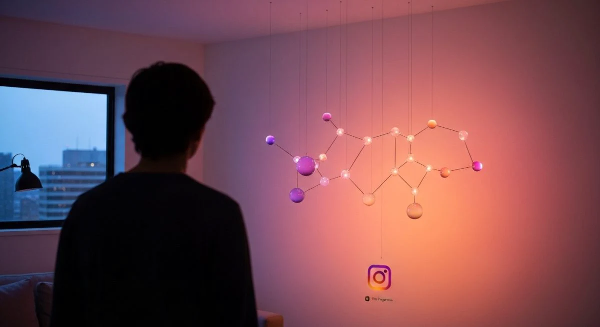 Persona de espaldas contempla instalación constelación Instagram con orbes luminosos