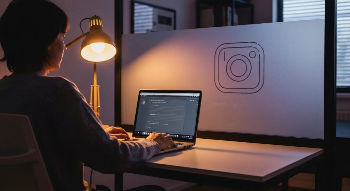 Persona de espaldas en escritorio hogareño con logo Instagram visible
