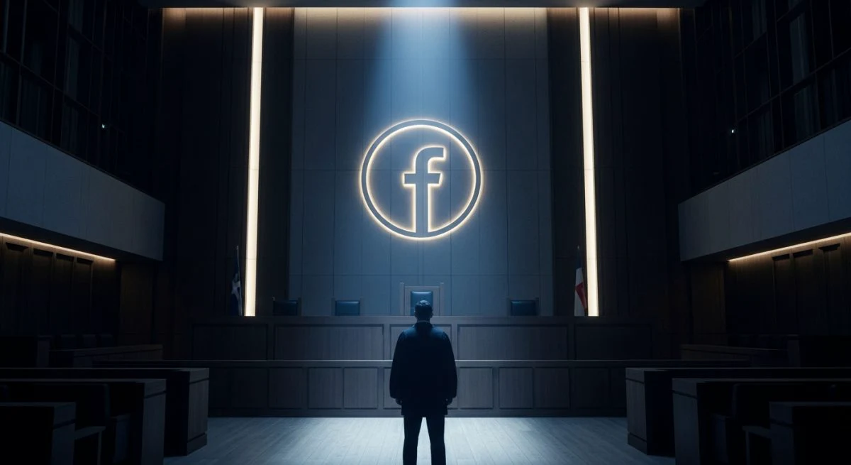 Persona de espaldas en tribunal con logo de Facebook iluminado