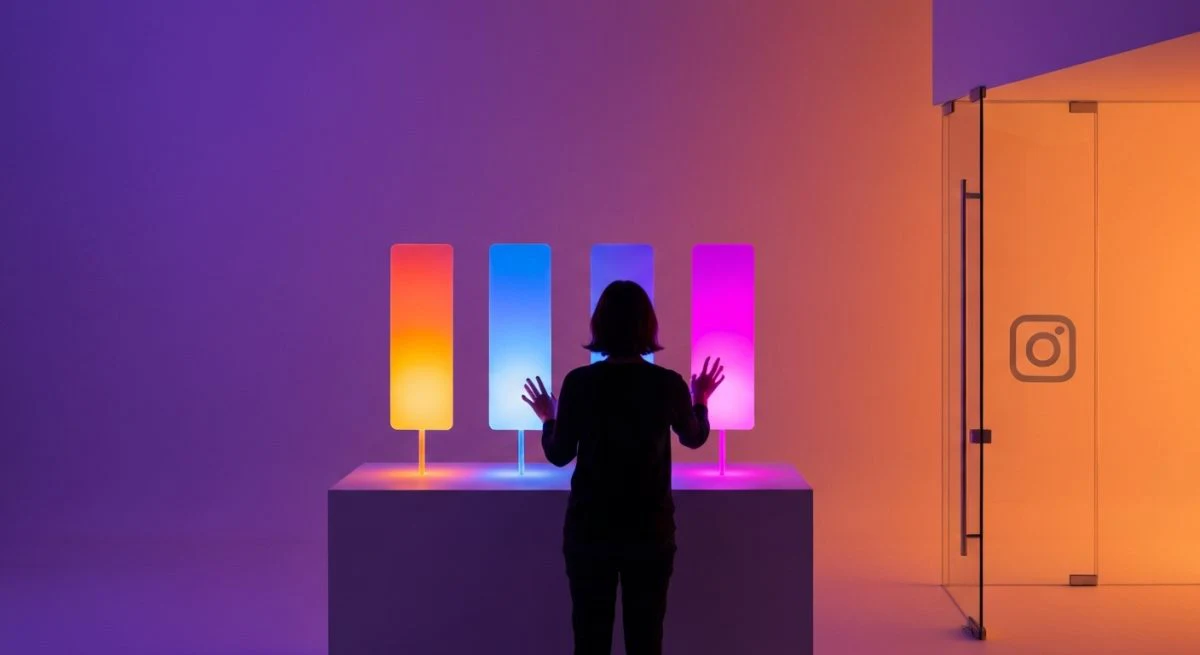 Persona de espaldas interactuando con paneles luminosos naranja azul Instagram