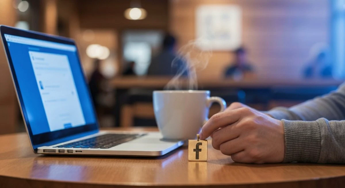 Persona en café con laptop y colgante Facebook sobre mesa