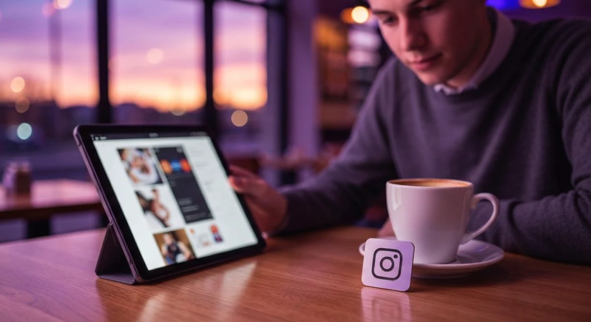 Persona en cafe mira tablet Instagram borroso sobre posavasos grabado