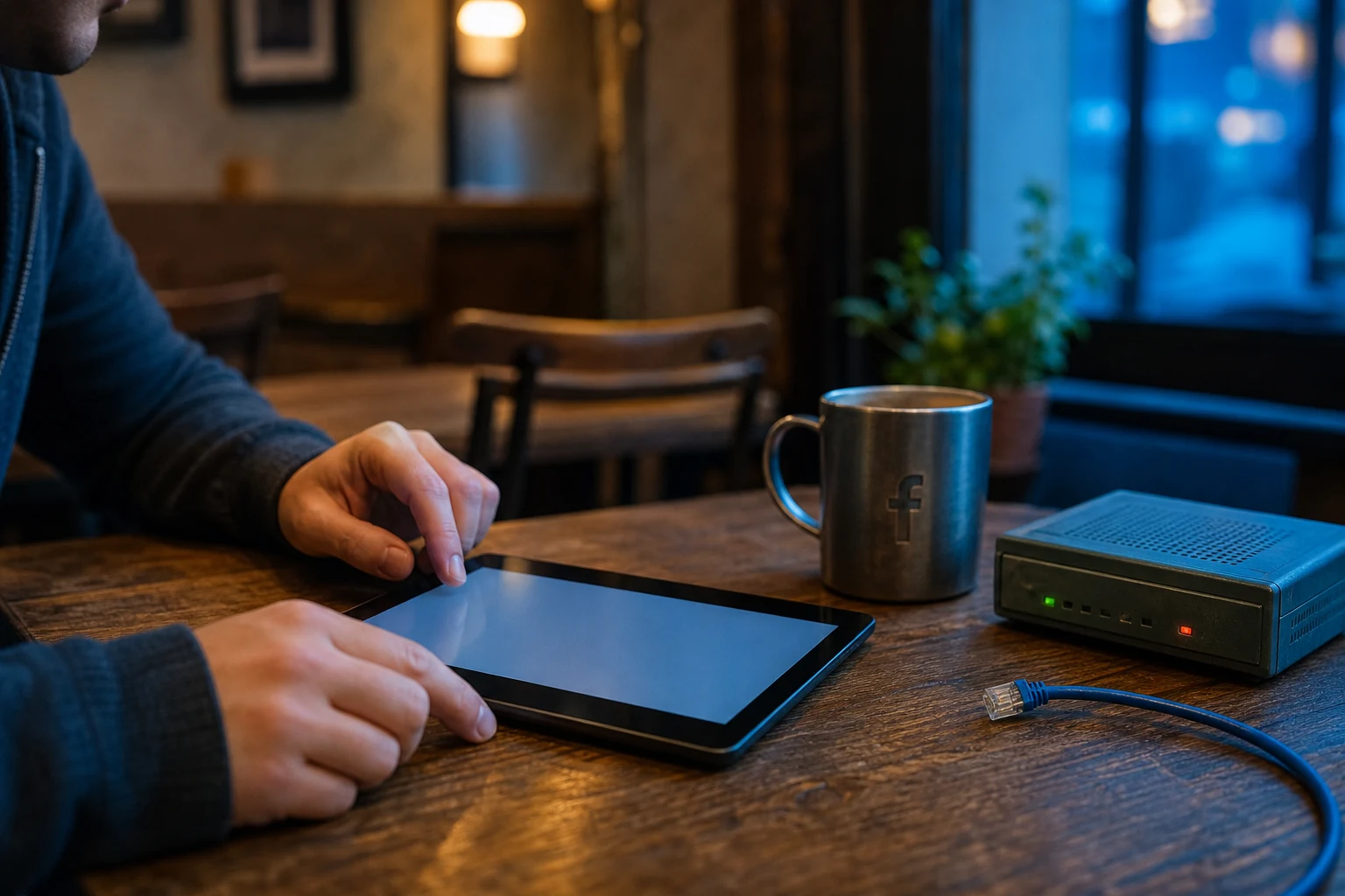 Persona en cafe tranquilo mesa de madera con tablet blanca Facebook