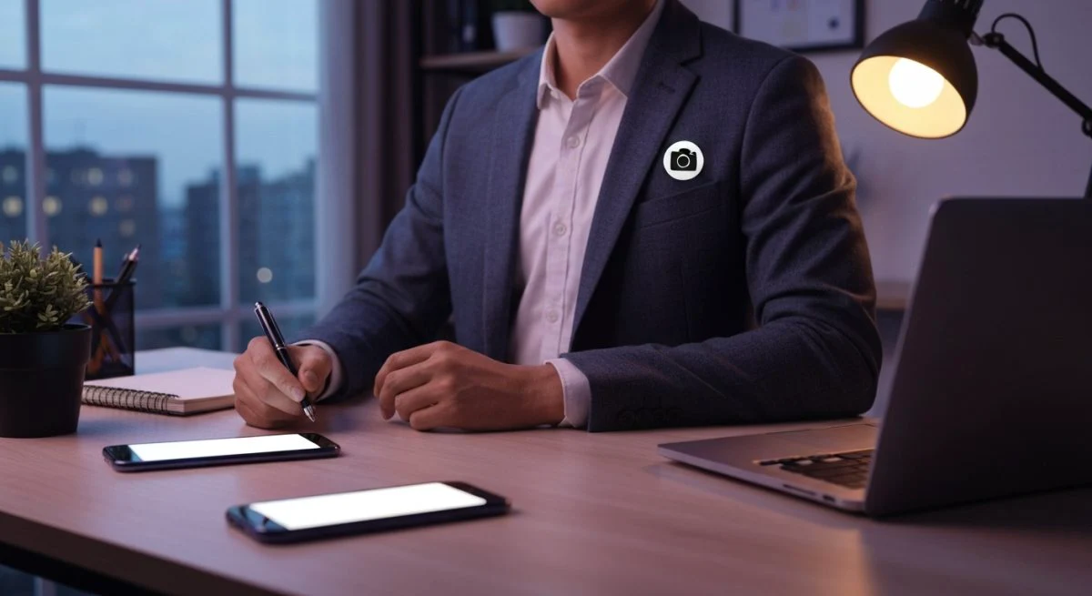 Persona en escritorio desordenado revisando notificaciones de una app social