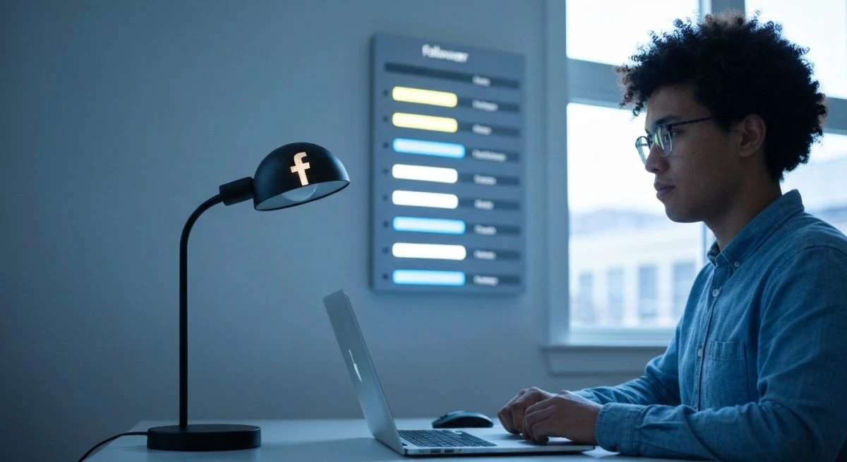 Persona en escritorio frente al panel LED de seguidores Facebook
