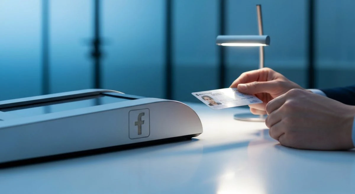 Persona en escritorio minimalista coloca documento en escáner con Facebook