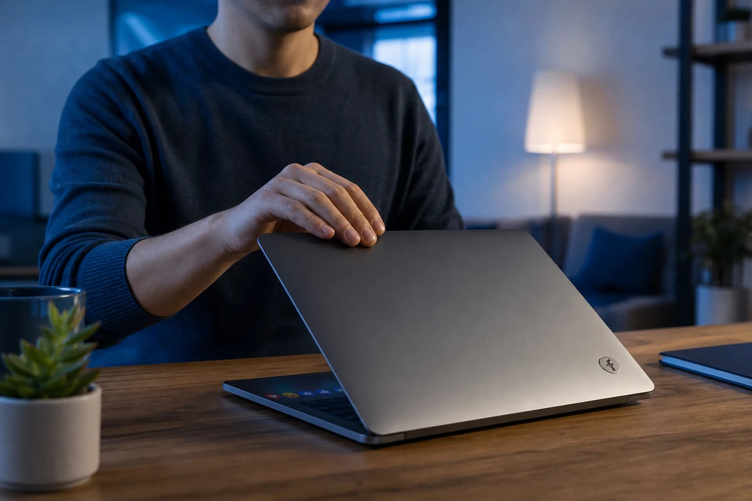 Persona en escritorio moderno cierra portátil con logo Facebook grabado