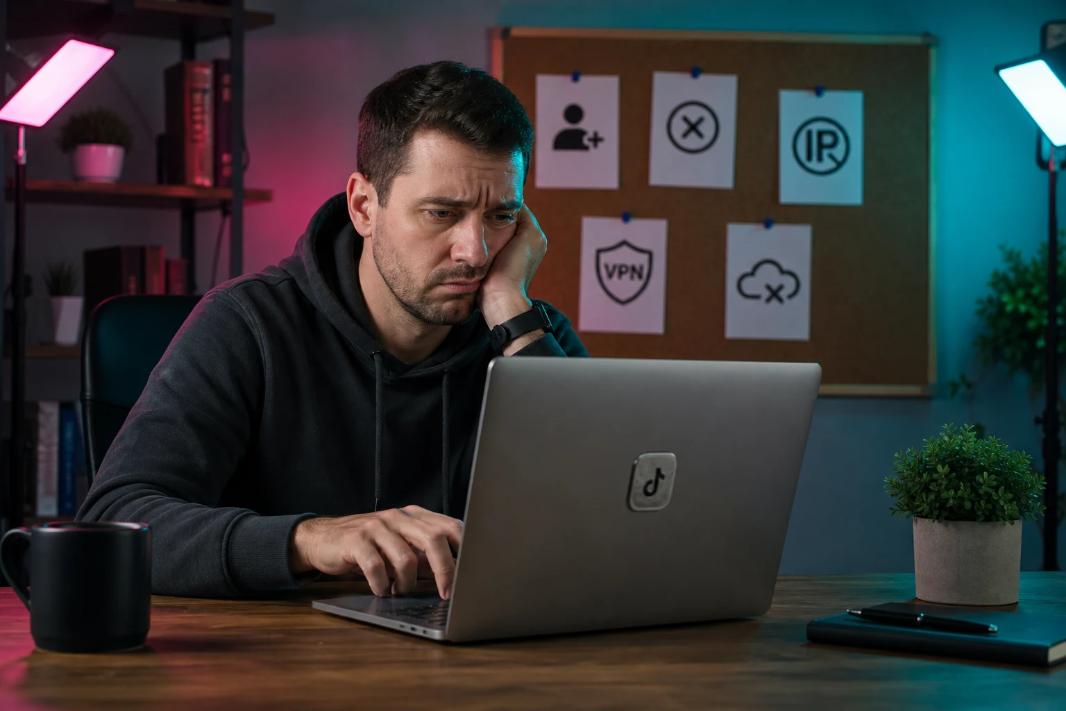 Persona en escritorio moderno con insignia de TikTok en portátil