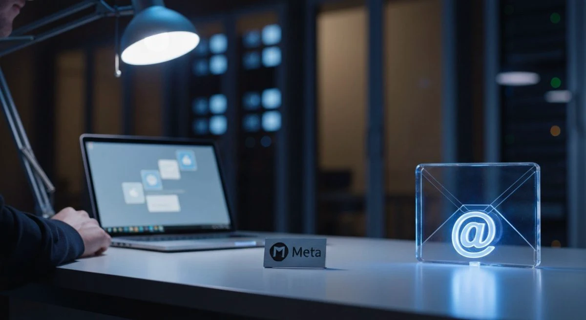 Persona en escritorio moderno con logo Meta y correo Facebook