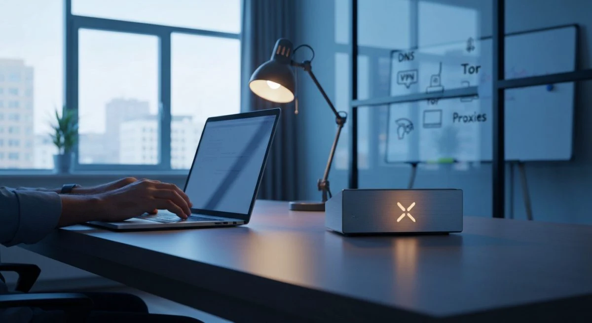 Persona en escritorio moderno con portátil y router X visible