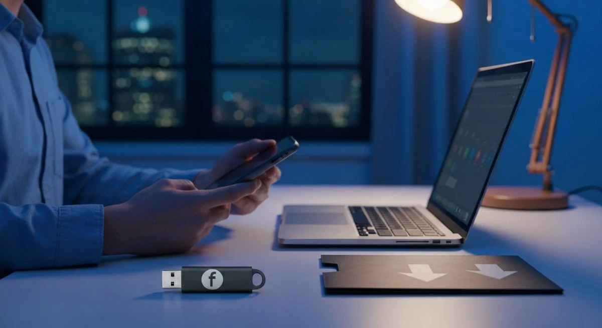 Persona en escritorio moderno con teléfono y USB logo f