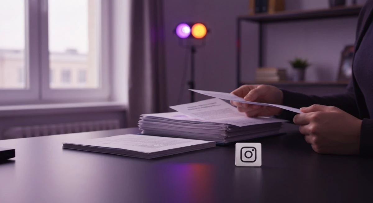 Persona en escritorio moderno revisando documentos y pasaporte verificación Instagram