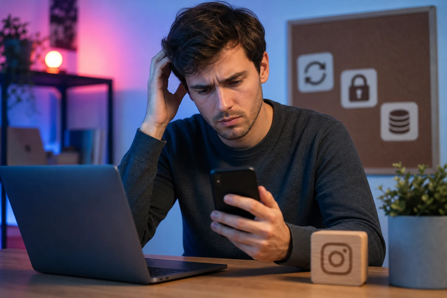 Persona en escritorio solucionando error de Instagram con logo grabado