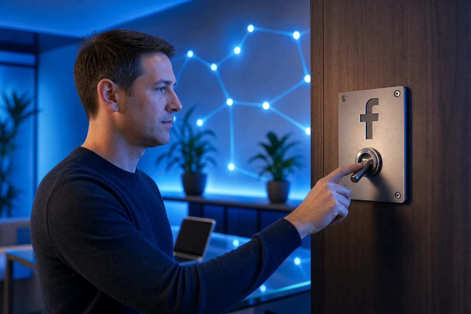 Persona en oficina en casa ante interruptor retro con Facebook