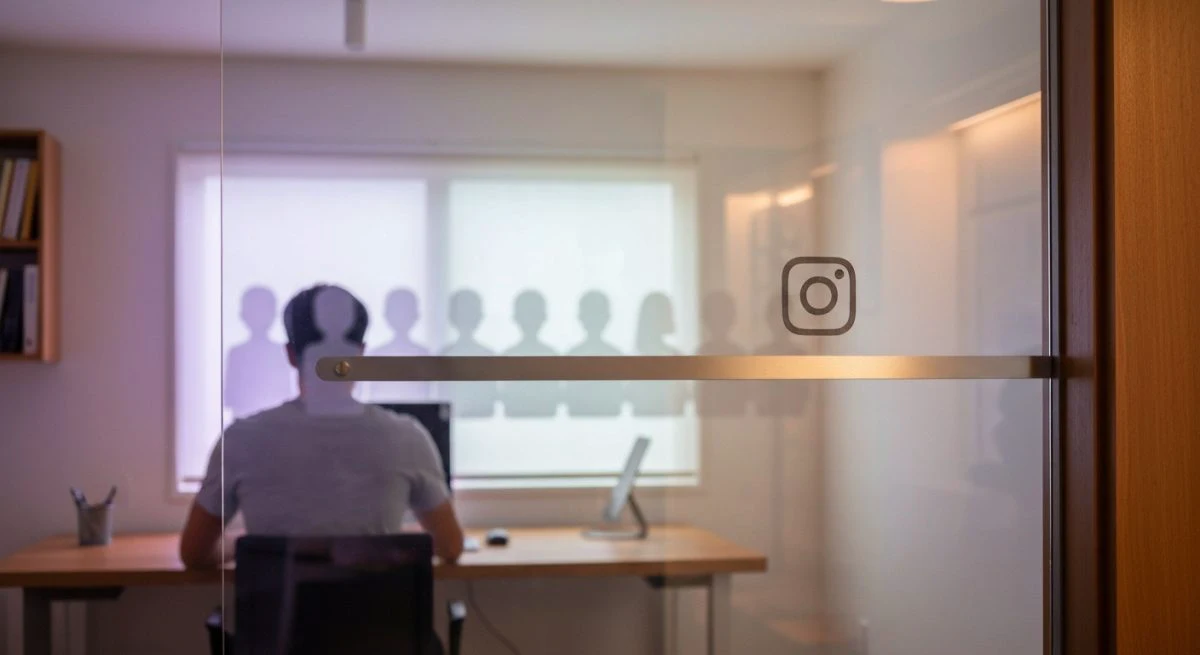 Persona en oficina frente a vidrio esmerilado con logo Instagram
