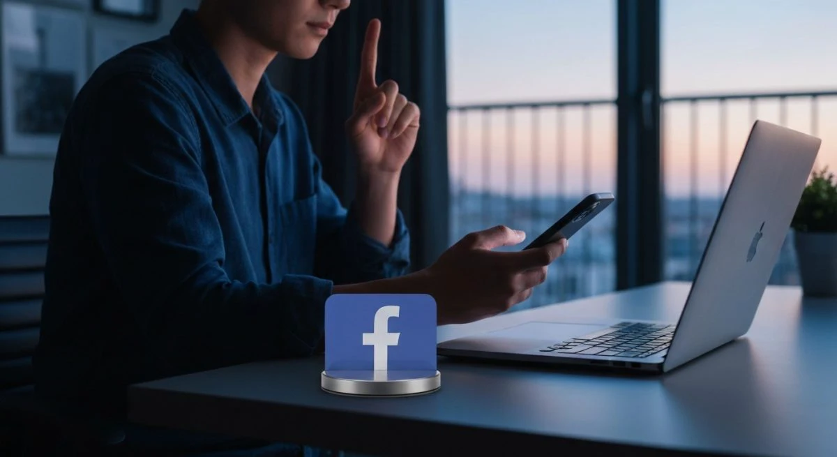Persona en oficina moderna con posavasos con logotipo de Facebook visible