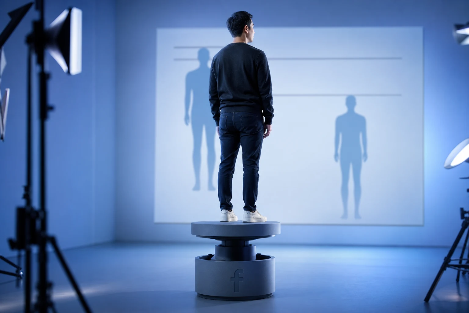 Persona en pedestal ajustable con logo de Facebook y siluetas