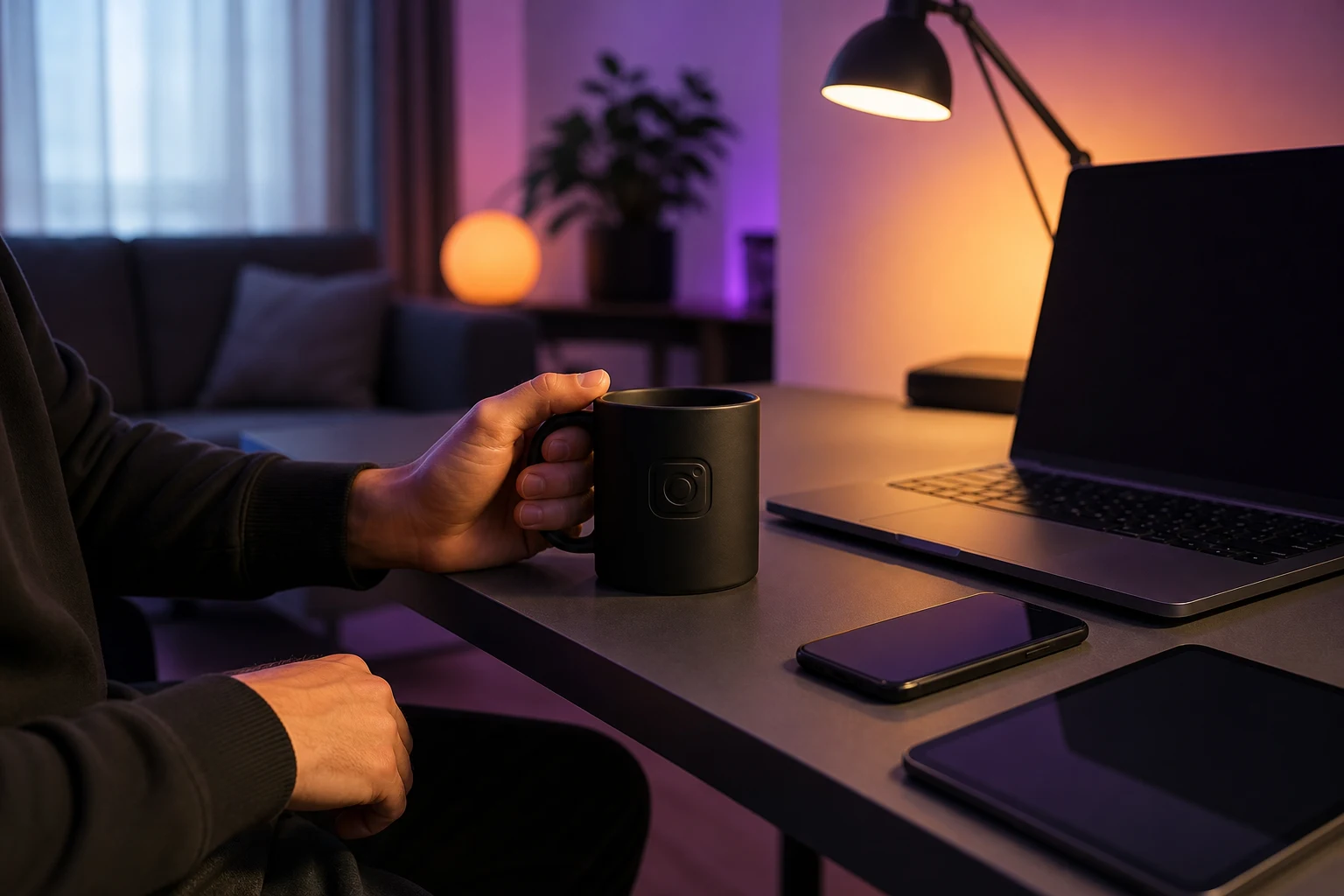 Persona en sala moderna junto a escritorio con taza Instagram