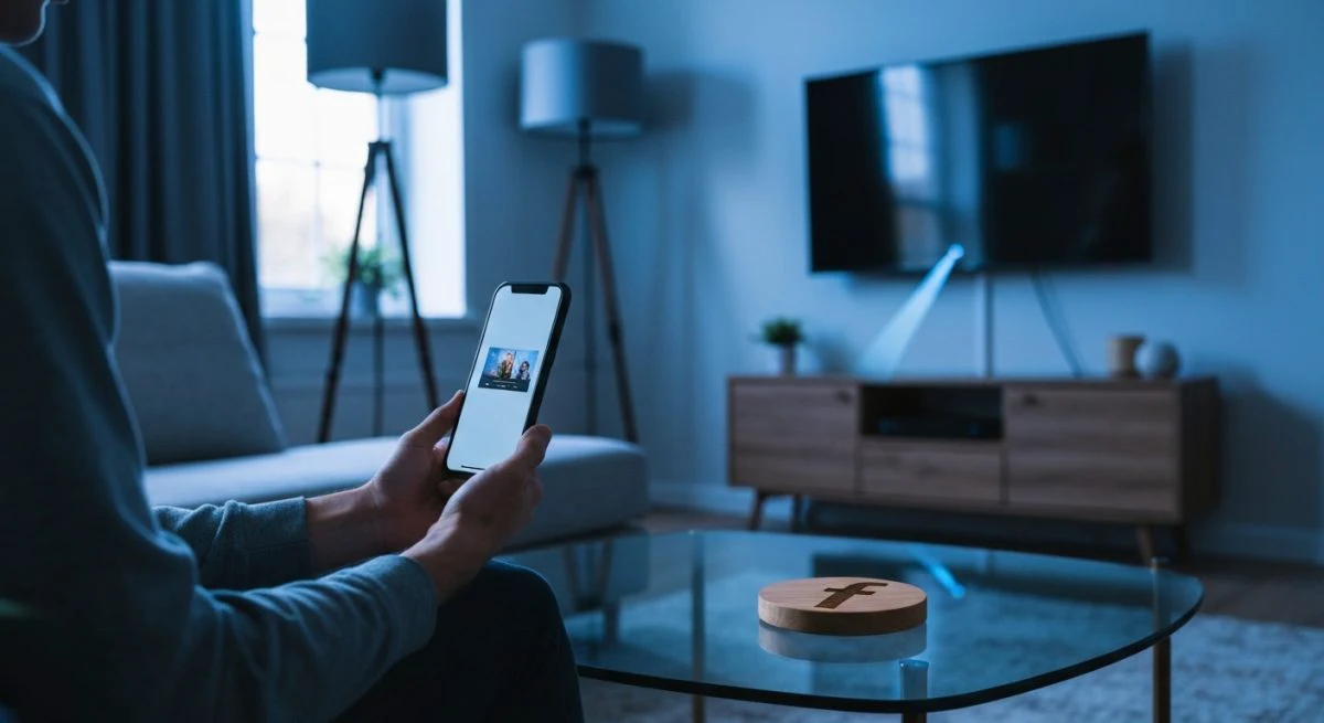 Persona en sofá con smartphone y televisor y posavasos Facebook logo