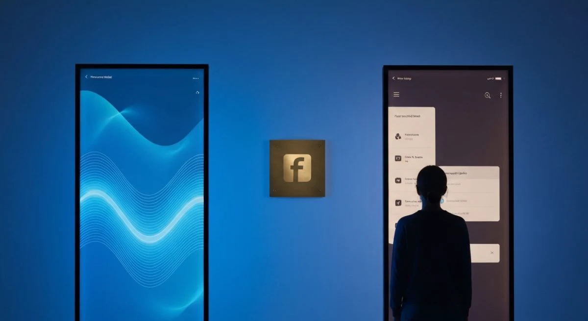 Persona entre dos paneles de vidrio iluminados con logo Facebook