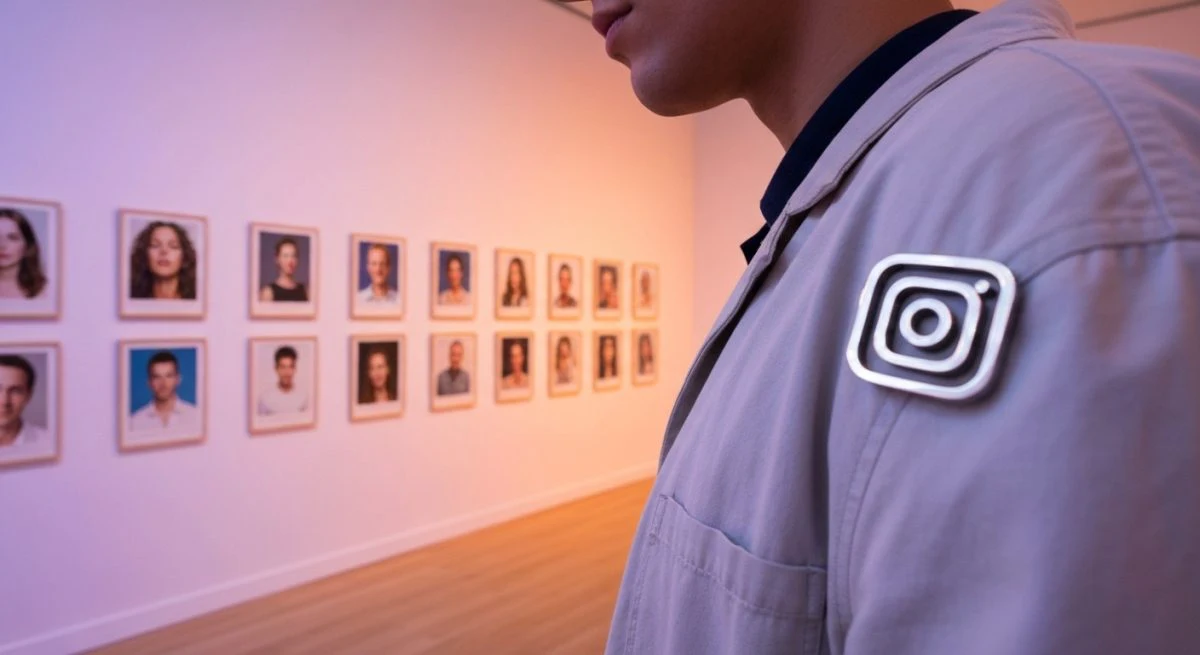 Persona estilosa en galería observa retratos de cuentas Instagram sugeridas