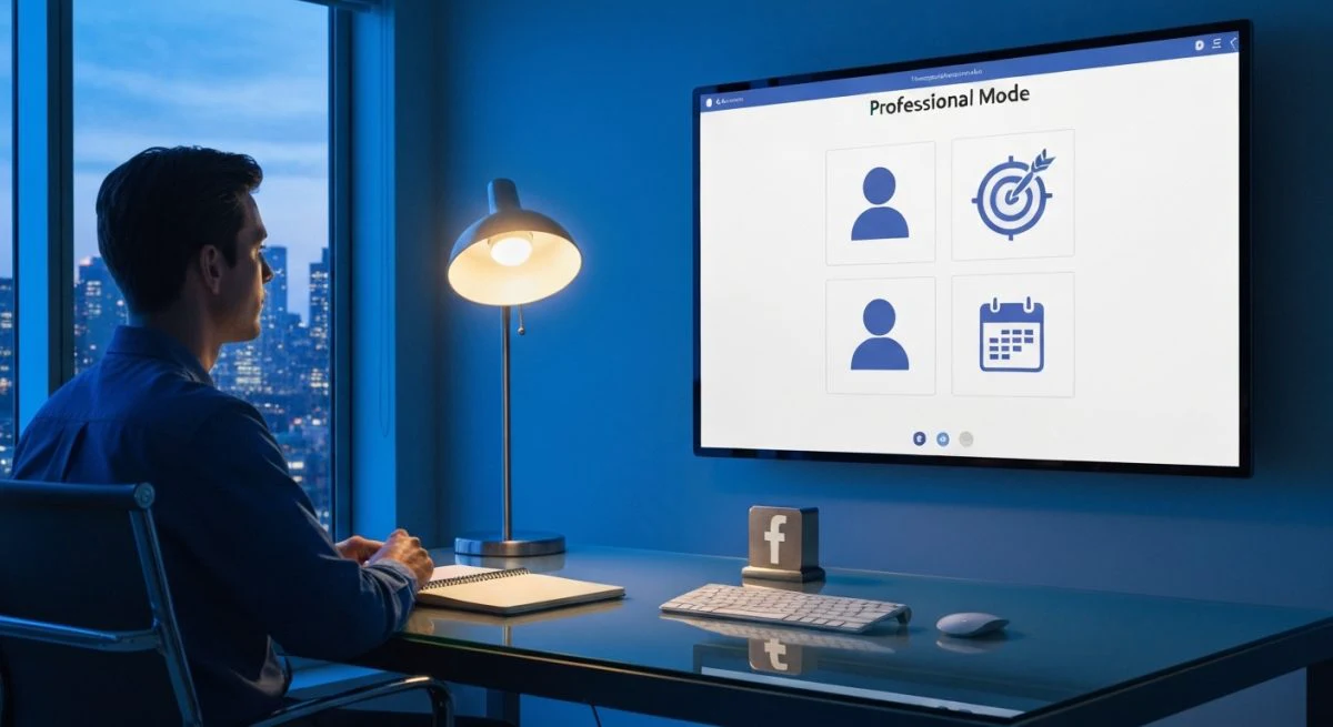 Persona frente a escritorio vidrio monitor Facebook Modo Profesional iconos