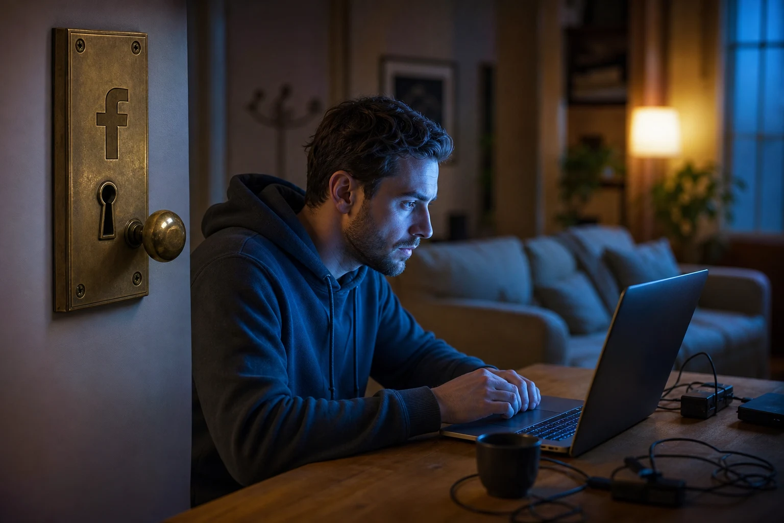 Persona frente a laptop en sala con logo Facebook grabado