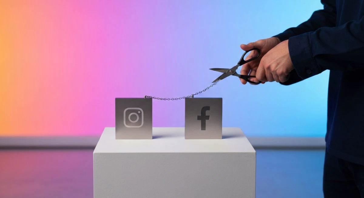 Persona junto a placas Instagram y Facebook conectadas por cadena