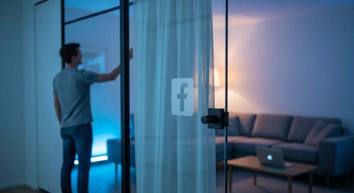 Persona junto al vidrio cierra cortina azul logo Facebook grabado