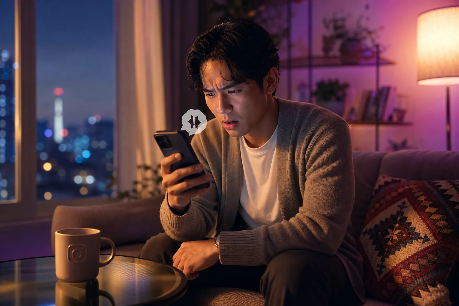 Persona leyendo mensaje en Instagram en sala moderna con taza
