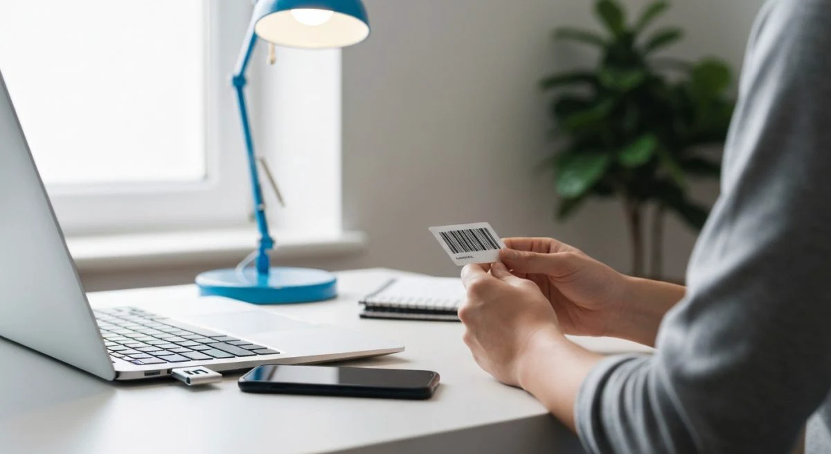 Persona mira código barras junto dongle USB C acentos LinkedIn
