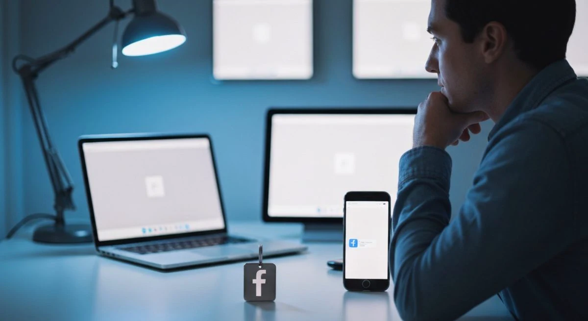 Persona observa laptop tablet smartphone y llavero con logo Facebook